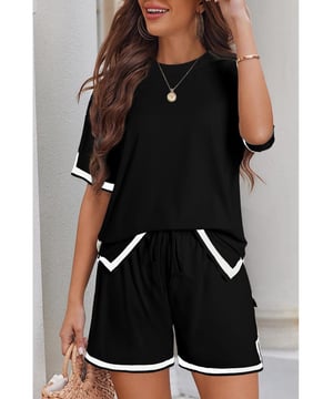 Our styles are designed with a trendy fitted look in mind following an international size standard. For the best fit we suggest choosing one size up from your usual. Be sure to check our sizing chart to find your perfect match!
  Stylish contrast trim design creates a modern look
  Includes a classic tee and matching shorts
  Soft breathable fabric for all
  day comfort
  Relaxed fit for ease of movement
  Versatile set perfect for lounging or casual outings
  Available in various sizes and colors
Material: 95% Polyester 5% Elastane