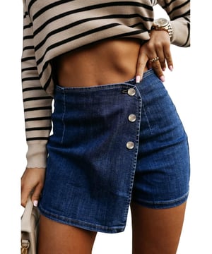 Unique asymmetric design adds a modern twist to classic denim shorts
  High
  waisted style flatters and accentuates the waistline
  Wrapped front with stylish button detailing for a chic look
  Made of high
  quality denim for durability and comfort
  Versatile for pairing with various tops for different looks
Material: 75% Cotton 23% Polyester 2% Elastane