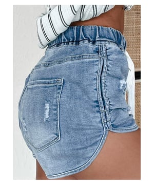 High waist design for a flattering fit showing a sexy curve
  Distressed detailing adds a fashion
  forward edge
  Adjustable drawstring for customized comfort
  Versatile style for casual or chic looks
Material: 93% Cotton 5% polyester 2% Elastane