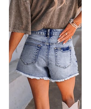 Distressed denim shorts for a cool laid
  back look
  Pearl studded detailing on pockets for a sophisticated touch
  Functional side pockets for practicality
  Raw hem design for added edginess
  Made from premium denim for comfort and durability
Material: 93% Cotton 5% polyester 2% Elastane
