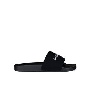 Zwarte Balenciaga slippers.Stoffen band versierd met het Balenciaga-logo in dikke witte letters.Rubberen zool.Gemaakt in Italië.
