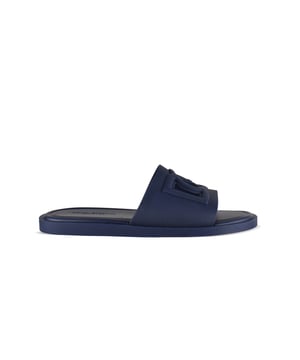 Dolce&Gabbana donkerblauwe rubberen slippers.Toon-op-toon DG-logo op reliëfband.Platte zool.Gemaakt in Italië.