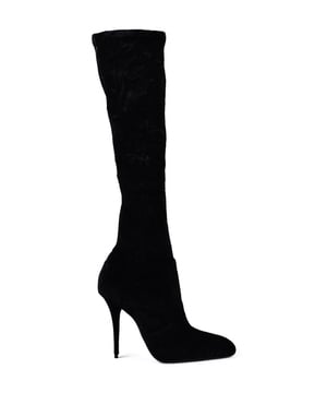 Botas Saint Laurent Talia de terciopelo negro.Punta redonda.Tacón de aguja de 11 cm.Suela de cuero.Made in Italy.