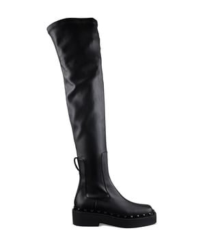 Valentino Rockstud Overknee-Stiefel aus schwarzem Leder.Die Sohle ist mit dekorativen Nieten verziert.Reißverschluss an der Innenseite.Hintere Zunge an der Ferse.4,5 cm hohe Gummisohle.Quadratische Spitze.Made in Italy.