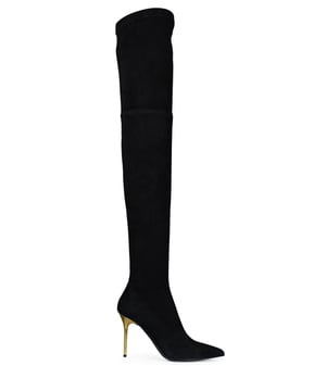 Balmain Raven dijhoge laarzen in zwart suède.Puntige neus en dijlengte en gouden hak.Enkelbandje met gouden logo.Hakhoogte 9 cm.Instapper dijlaarzen met ritssluiting.100% lamsleer.Made in Italy.