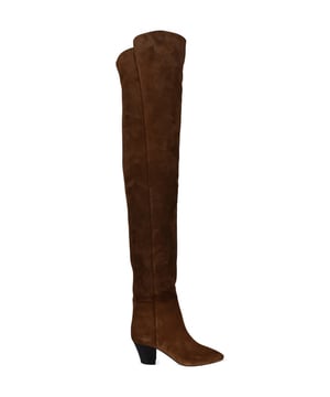 Braune Saint Laurent Overknee-Stiefel.Aus Wildleder aus Rindsleder.Spitz zulaufende Spitze.Schwarzer 6 cm-Absatz.Made in Italy.