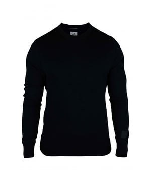 Marineblauer Baumwollpullover von C.P. Company.Metropolis Kollektion.Mit langen Ärmeln.Logo-Patch auf dem Ärmel.Gerippte Kanten.Rundhalsausschnitt.