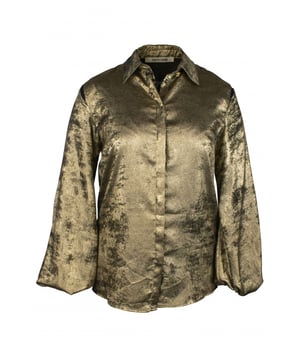 Roberto Cavalli goudkleurig overhemd.Metallic effect.Klassieke kraag.Ballonmouwen.Verborgen knoopsluiting aan de voorkant.Made in Italy.