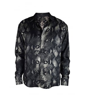 Zijden overhemd met dierenprint Roberto Cavalli.Contrasterende python- en luipaardpatronen.Klassieke kraag met zilveren metalen panterkopknop.Knoopsluiting.Manchetten met knopen.100% zijde.Gemaakt in Italië.