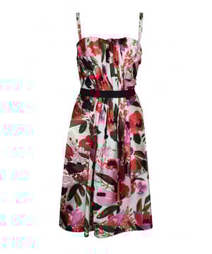 Dolce & Gabbana Riemchenkleid mit Blumenmuster.Büste mit integriertem Korsett und schwarzem Gürtel.Reißverschluss hinten.100% Seide.Made in Italy.