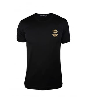 Dolce & Gabbana T-Shirt aus schwarzer Baumwolle.Krone-Stickerei und goldene Biene auf der Brust.Kurze Ärmel. Rundhalsausschnitt. 100% Baumwolle. Made in Italy.