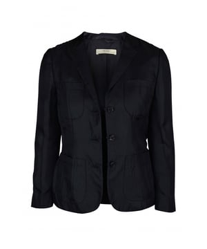 Chaqueta ligera negra de Prada con cuello.Varios bolsillos en la parte delantera.Cierre con botones.Botones en la parte inferior de las mangas.100% seda.Made in Italy.