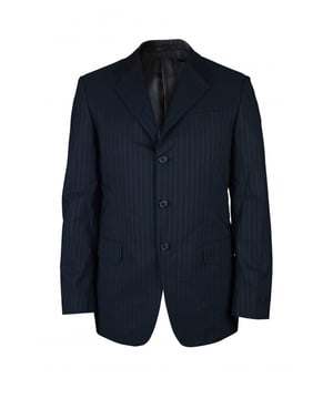 Prada Jacke aus dunkelblauer Baumwolle.Dünne hellblaue Streifen.Außen und Innentaschen.Knöpfe an der Unterseite der Ärmel.Leichte Öffnung hinten.Knopfverschluss.100% Baumwolle.Made in Italy.