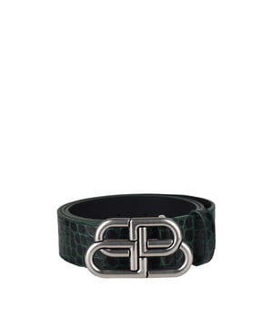 Cinturón Balenciaga de piel estampada en cocodrilo verde y negro.Hebilla BB de metal plateado.3,5 cm de ancho.Made in Italy.