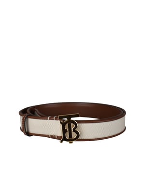 Cinturón Burberry de piel marrón y lona beige.Hebilla dorada con logotipo «TB».Ancho del cinturón: 3 cm.Made in Italy.