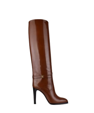 Botas Saint Laurent  Diane  de piel marrón brillante.Correa de tobillo con hebilla de cassandra dorada.Punta de almendra.Altura del tacón: 11 cm.100% cuero.Made in Italy.