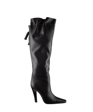 Saint Laurent „Gathered“ Stiefel aus dunkelbraunem Leder.Kordelzug an der Öffnung.Hoher Absatz von 11 cm.Spitz zulaufende, quadratische Zehenkappe.100% Leder.Made in Italy.