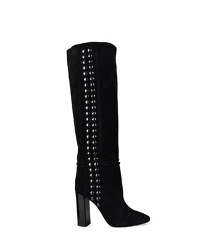 Botas altas Saint Laurent de ante negro.Tachuelas metálicas gris oscuro en el lateral visto.Costuras trenzadas y efecto drapeado.Puntera redondeada.Suela de cuero.Tacón negro de 10 cm.Made in Italy.