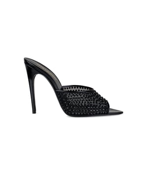 Mules Blonde con puntera abierta y strass Saint Laurent.Altura del tacón 11 cm.Pala de strass negro.Tacón de aguja.Suela de cuero.Made in Italy.