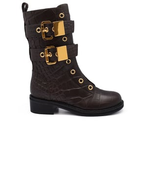 Botas de cuero Giuseppe Zanotti sello marrón/burdeos con hebillas doradas.Altura a media pantorrilla.Tacón pequeño y grueso.Made in Italy.