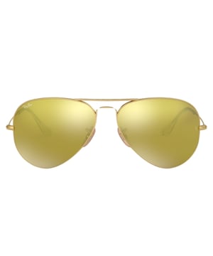 Gloednieuwe gouden Ray-Ban-zonnebril, lensbreedte = 58 mm, neusbrugbreedte = 14 mm, armlengte = 135 mm, zonnebril, zonnebrillendoos, schoonmaakdoekje en onderhoudsinstructies allemaal inbegrepen, 100% bescherming tegen UVA- en UVB-zonlicht en conform de Britse norm EN 1836:2005, gouden zonnebril, 100% metaal