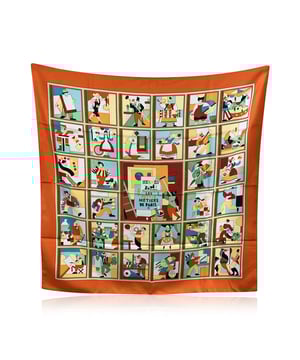 VINTAGE, RRP AS NEW
HERMES Silk scarf named 'Les Petits Métiers de Paris ', created by artist Karen Petrossian, and first issued in 2006. It depicts different types of tradesmen of Paris. Multicolor design with orange borders. 100% Silk. Hand rolled edges. Approx measurements: 35 x 35 inches - 88,8 x 88,8 cm. Hermes compostion tag still attached.   Condition Rating: B - VERY GOOD CONDITIONCondition Details: Some pulled threads on silk due to normal use. Please check the photos carefully and ask if you need to know more details or if you have any doubts.  Box?: No Measurments:  length: 888 mm height: 888 mm