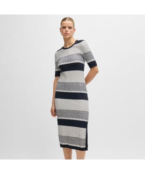 Womens BOSS Etanah Structured Stripe DressA distinctive dress by BOSS Womenswear with cropped sleeves. Trimmed with buttons at the left shoulder  this dress is knitted in jacquard jersey made from soft cotton blended with a touch of stretch. The fabric features a structured stripe in signature colours for an iconic look.Main material: 98% Cotton  2% Elastane  Ribbing: 90% Viscose  10% Elastane.  Machine washable.Ref: 50494185-992