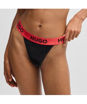 Womens HUGO Stretch-velvet thong with logo waistband in black.A signature thong by HUGO. Featuring bold branding on the waistband  this regular-rise pair is crafted in stretch velvet and mesh fabric. Exposed waistband- Regular rise- Main material: 90% Polyester  10% Elastane.  Lining: 100% Cotton.  Back panel: 71% Polyamide  29% Elastane. Waistband: 72% Polyamide  20% Polyester  8% Elastane.  Machine washable.- Ref: 50527163-003We regret that underwear is non-returnable due to hygiene reasons.