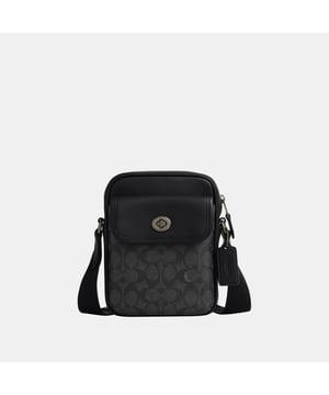 Turnlock Crossbody in Signature, Inside multifunction pocket, Outside turnlock and open pockets,  Length: 15.00 cm,  Width: 5.00 cm,  Height: 20.00 cm