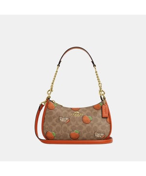 Teri Shoulder Bag in Signature Canvas with Orange Print, Inside multifunction pocket,  Length: 24.50 cm,  Width: 7.50 cm,  Height: 15.50 cm