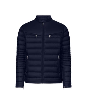 Press stud padded collar.Lined sleeves and zips.2 zip-fastening chest pockets  2 side pockets.Front and back yoke.Felt logo on left sleeve.RDS-certified down and feather filling.Water-repellent satin-quilted fabric.
