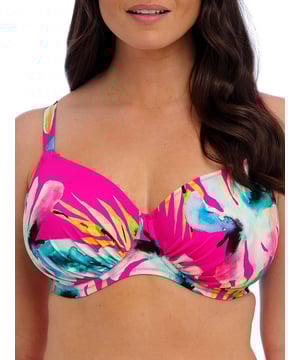 Fantasie Carabelita Full Cup Bikini Top. Underwired swimwear top with gathered cups, concealed side sling, powernet lined wings for support and anchorage and full coverage cups. Product is hand wash only.