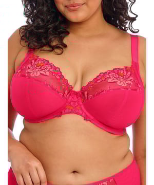 Elomi Teagan Plunge Bra. Underwired non padded plunge bra based on the beloved Matilda Plunge Bra with a low centre front, precision printed embroidery and smooth satin-look elastics. Product is recommended as hand wash only.