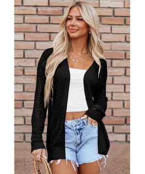 Our styles are designed with a trendy fitted look in mind following an international size standard. For the best fit we suggest choosing one size up from your usual. Be sure to check our sizing chart to find your perfect match!
  Black Solid Open Knit Cardigan
  Open front for easy dressing
  Hollow
  out silhouette for a sexy sheer look
  Soft and breathable knitwear fabric
  Available in sizes S M L and XL
Material: 100% Acrylic