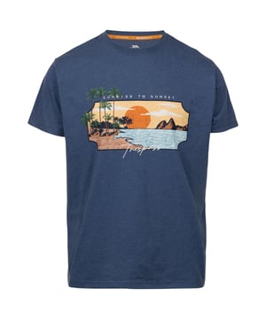 60% Baumwolle, 40% Polyester. Gewebetechnik: Atmungsaktiv, langlebig. Gewebe: Jerseyware. Design: Strand, Berg, bedruckt, Sonne, Aufschrift, Bäume. Gewebtes Etikett. Passform: Komfortabel. GSM (Gramm pro Quadratmeter): 180. Rundhalsausschnitt. Kurzärmlig. S: 93,98 cm. M: 102 cm. L: 109 cm. XL: 116,84 cm. XXL: 121,92 cm.