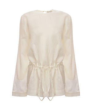73% viscose, 27% silk - Lining: 100% silk. Introducing the Drawstring-waist Jacquard Top by Raey. This expertly crafted top features a convenient drawstring waist, allowing for a customizable and comfortable fit. Made with high-quality jacquard fabric, it offers both style and functionality