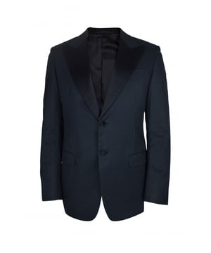 Prada dunkelblaue Anzugjacke.Schwarzer Kragen mit Satineffekt.Außen und Innentaschen.Satin-Effektknöpfe an der Unterseite der Ärmel.Knopfverschluss.100% Baumwolle.Made in Italy.