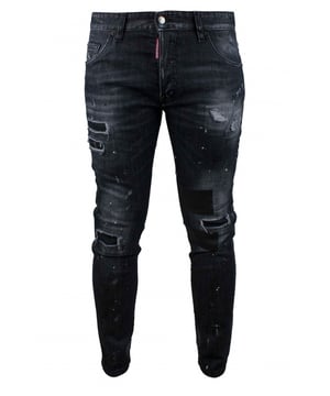 Skater Jeans Dsquared2 schwarz aus Baumwolle.Verwaschener Effekt an den Beinen.Weiße und schwarze Farbflecken.Risse.Schwarze Patchwork-Einsätze an den Knien.Knopfverschluss mit rotem Logoetikett.Weißer Rückenpatch mit Logo.Schlaufen für einen Gürtel.5 Taschen.Made in Italy.