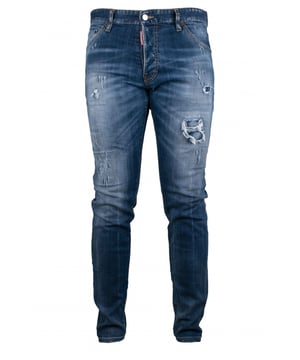 Jeans Cool Guy Dsquared2 en algodón stretch azul con efecto desteñido.Efecto rasgado.Parche con logotipo rojo en la bragueta delantera.Etiqueta de cuero marrón con el logotipo en la parte trasera.Tres bolsillos delanteros y dos traseros.Detalles escritos en negro en el bolsillo trasero. Pespuntes amarillos.Cierre con botones.98% algodón, 2% elastán.Made in Italy.