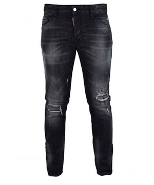 Skater Jeans Dsquared2 schwarz aus Baumwolle.Verwaschener Effekt an den Beinen.Risse in der Haut.Knopfverschluss mit rotem Logoetikett.Schwarzer Rückenpatch  1964  mit Schriftzug.Schlaufen für einen Gürtel.5 Taschen.Made in Italy.