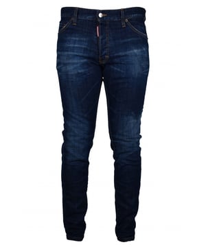 Blaue Dsquared2 Cool Guy Jeans aus Baumwolle.Ausgewaschener Effekt.Rotes Logoetikett auf dem Hosenschlitz.Gestickter Logo-Patch auf der Rückseite  24 Seven .Verschluss mit Knöpfen.Schlaufen für den Gürtel.Fünf Taschen, davon zwei Gesäßtaschen.