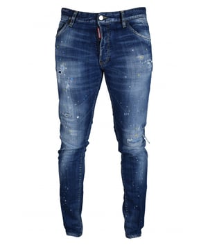 Cool Guy Dsquared2 vaqueros de algodón elástico azul con efecto lavado.Efecto rasgado.Parche rojo con el logotipo en la bragueta delantera.Efecto de salpicadura de pintura amarilla, azul y blanca.Etiqueta de plástico transparente, logotipo y escritura  Dean Caten  en el reverso.Tres bolsillos delanteros y dos traseros.Detalles de costura en amarillo.Cierre con botones.98% Algodón, 2% Elastano.Made in Italy.