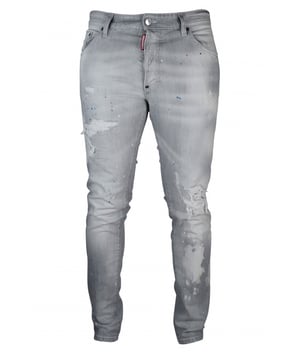 Cool Guy Dsquared2 jeans gris claro.Efecto desgastado con toques de color y rasgadurasCremallera roja con parche de logotipo rojo.Etiqueta negra  DSQ .Cinco bolsillos.98% algodón y 2% elastano.Made in Italy.