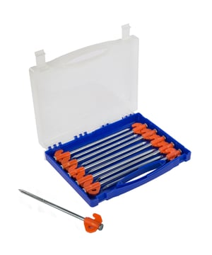 Extra sterke en duurzame stalen haringen. Ideaal voor harde en rotsachtige grond. Compleet met robuuste opbergkoffer. 20 per doos.