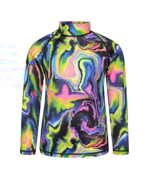 83% Polyester, 17% Elastaan. Stof: Rekken. Ontwerp: Abstract. Halslijn: Hoog-Neck. Bevestiging: Pull-On. Stoftechnologie: Lichtgewicht, Quick Dry. Opgelet: Verwijderd houden van vuur. Mouwtype: Raglan met lange mouwen, Raglan met lange mouwen. Zonneschatting: UPF 50+.