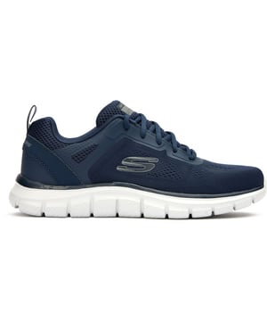 Zapatillas Skechers Track Wider azules para hombre, fabricadas con tela y suela de goma. Incluyen: suela ligera, tira de talón, plantilla de espuma viscoelástica y lavables a máquina.