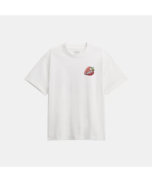 Coach Strawberry Relaxed T-Shirt, Model is 6'2" (188cm), chest 37" (94cm), waist 28" (71cm), hips 28" (71cm) and wears a size S,  Length: 68.50 cm