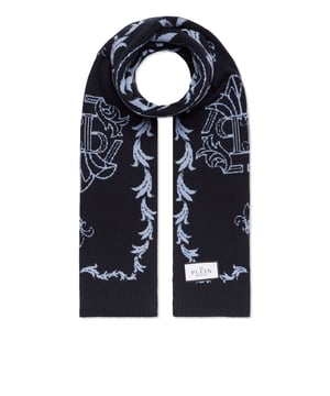 Merino wool tricot scarf embellished with jacquard patterns.    Knit pure merino wool   Jacquarded pattern and lettering   Fringed edges   Size: 32x180 cm