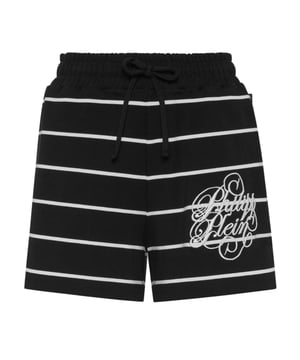 ¿Ve lo originales que son estos pantalones cortos de jersey para correr?   Tejido de vellón de algodón con mezcla de rayas.   Bordado en la pierna izquierda   Cintura de punto elástico con cordón de ajuste   Costura de dos agujas en la parte inferior de los puños