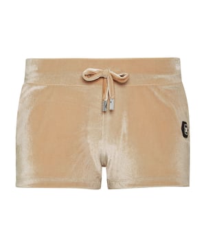 Ve lo originales que son estos pantalones cortos de chenilla para correr?   Chenilla elástica suave   Letras de la marca con diamantes de imitación en la parte delantera.   Cinturilla de punto acanalado con cordón de ajuste   Puños inferiores cosidos con dos agujas